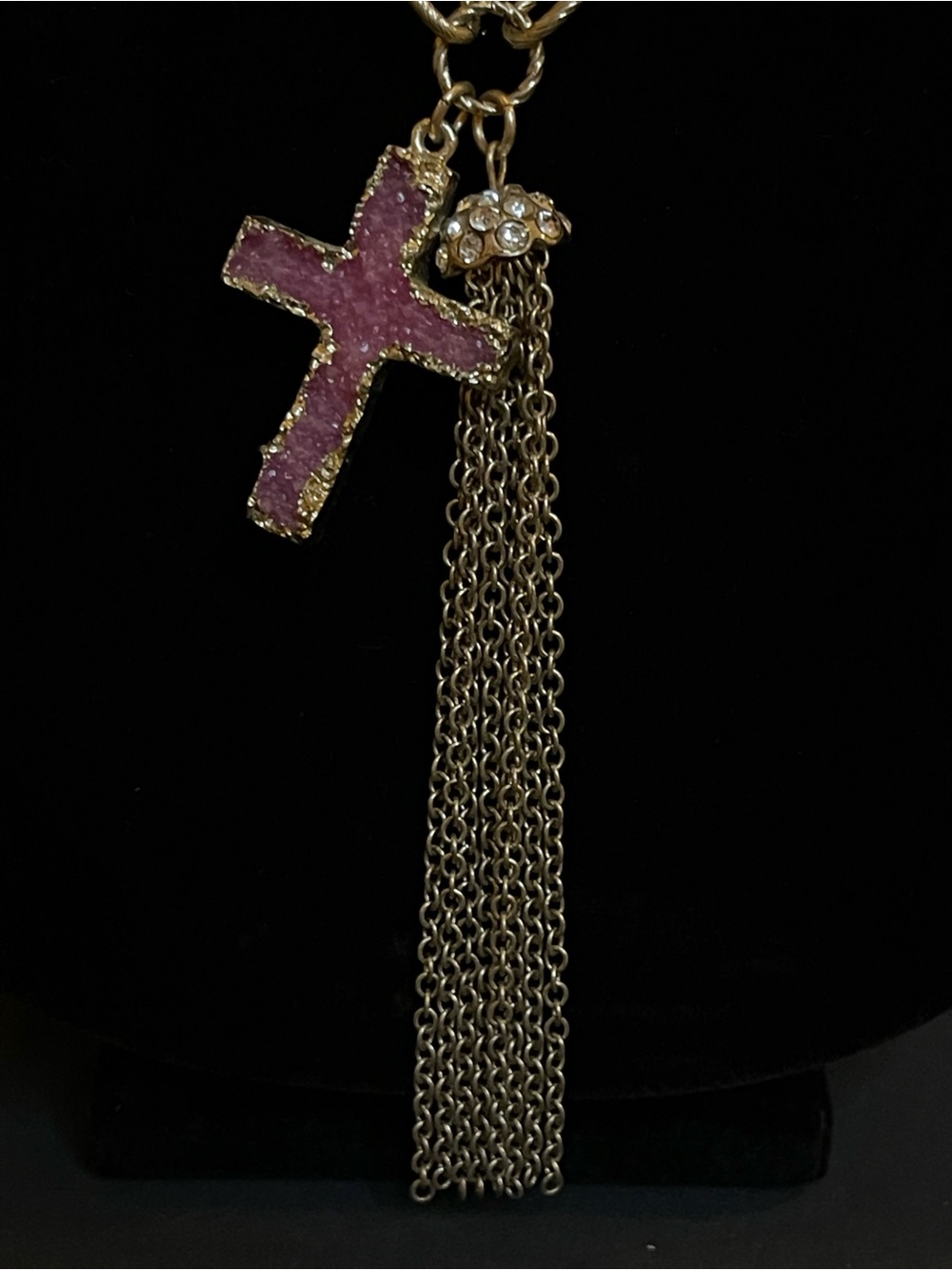 Gold Link Necklace with Purple Cross Pendant and Chain Tassel - Picture 5 of 6